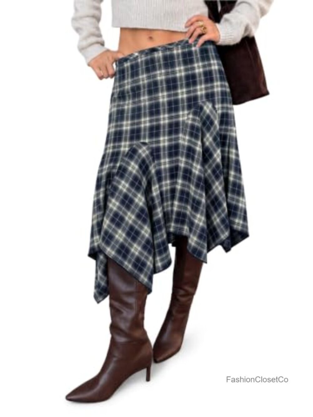 Y2K Plaid Midi Skirt, Low Waist Asymmetrical Flowy A-Line, Grunge 90s Style